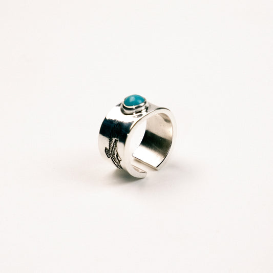 Artisan 999 Silver Cuff Ring — Turquoise Stone & Eagle Spirit Carving