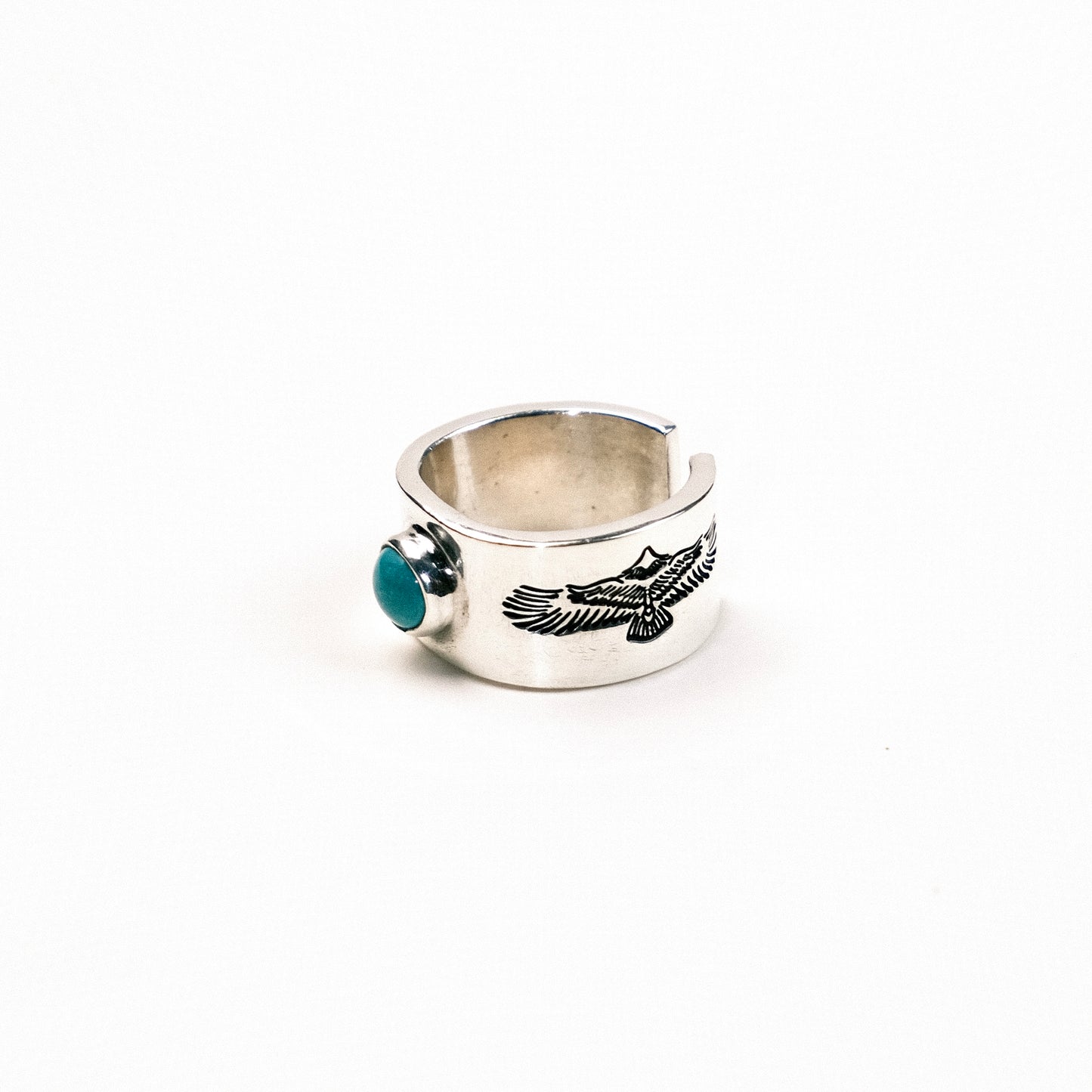 Artisan 999 Silver Cuff Ring — Turquoise Stone & Eagle Spirit Carving