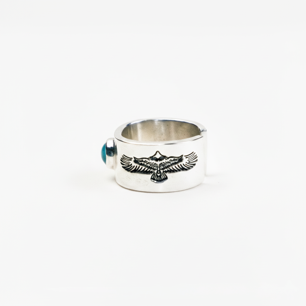 Artisan 999 Silver Cuff Ring — Turquoise Stone & Eagle Spirit Carving